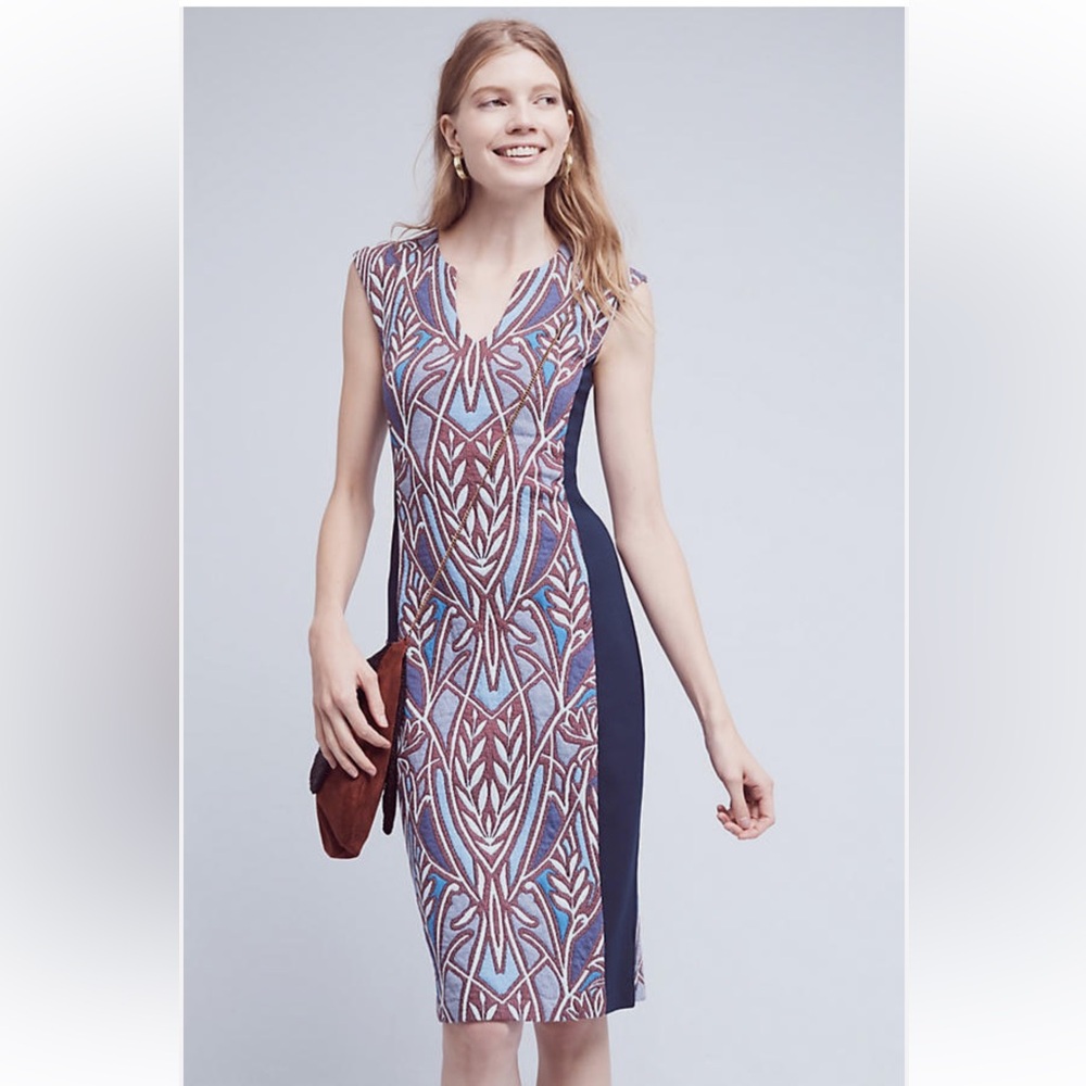 Anthropologie HD in Paris Cleo Jacquard Blue Printed Stretchy Sheath panel dress